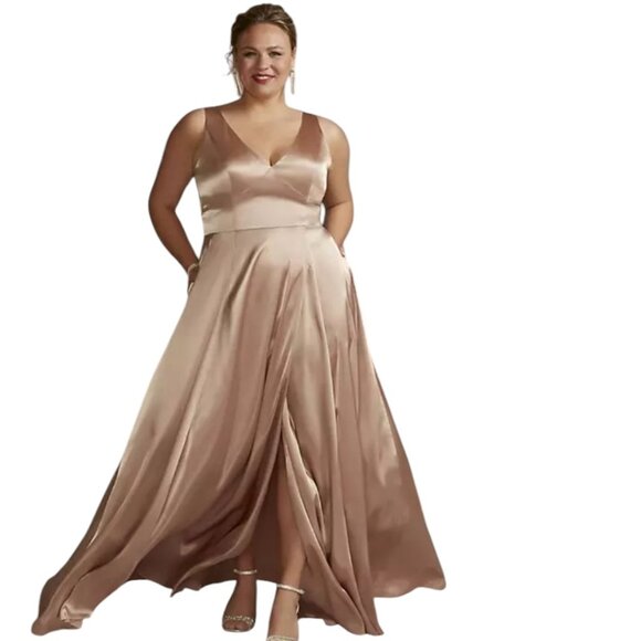 Galina Signature Charmeuse Tank V-Neck Dress w/ Slit Sz 16 Sand Satin Bridesmaid - Picture 1 of 14
